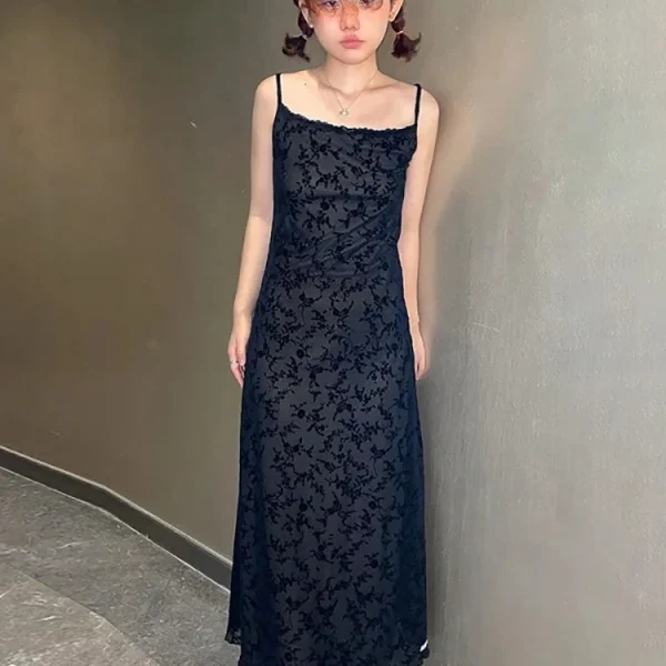 Bloemenprint Mesh Mall Gothic Midi Jurken Y2k Fairy Grunge Stijl Lace Lange Jurk Vrouwen Sling E-meisje Party Streetwear